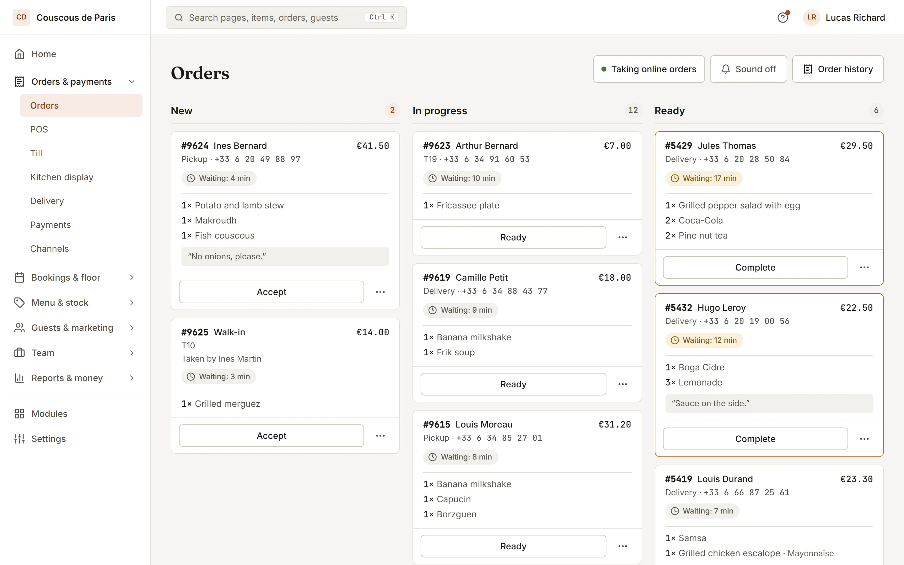 The orders board listing open tickets grouped by status