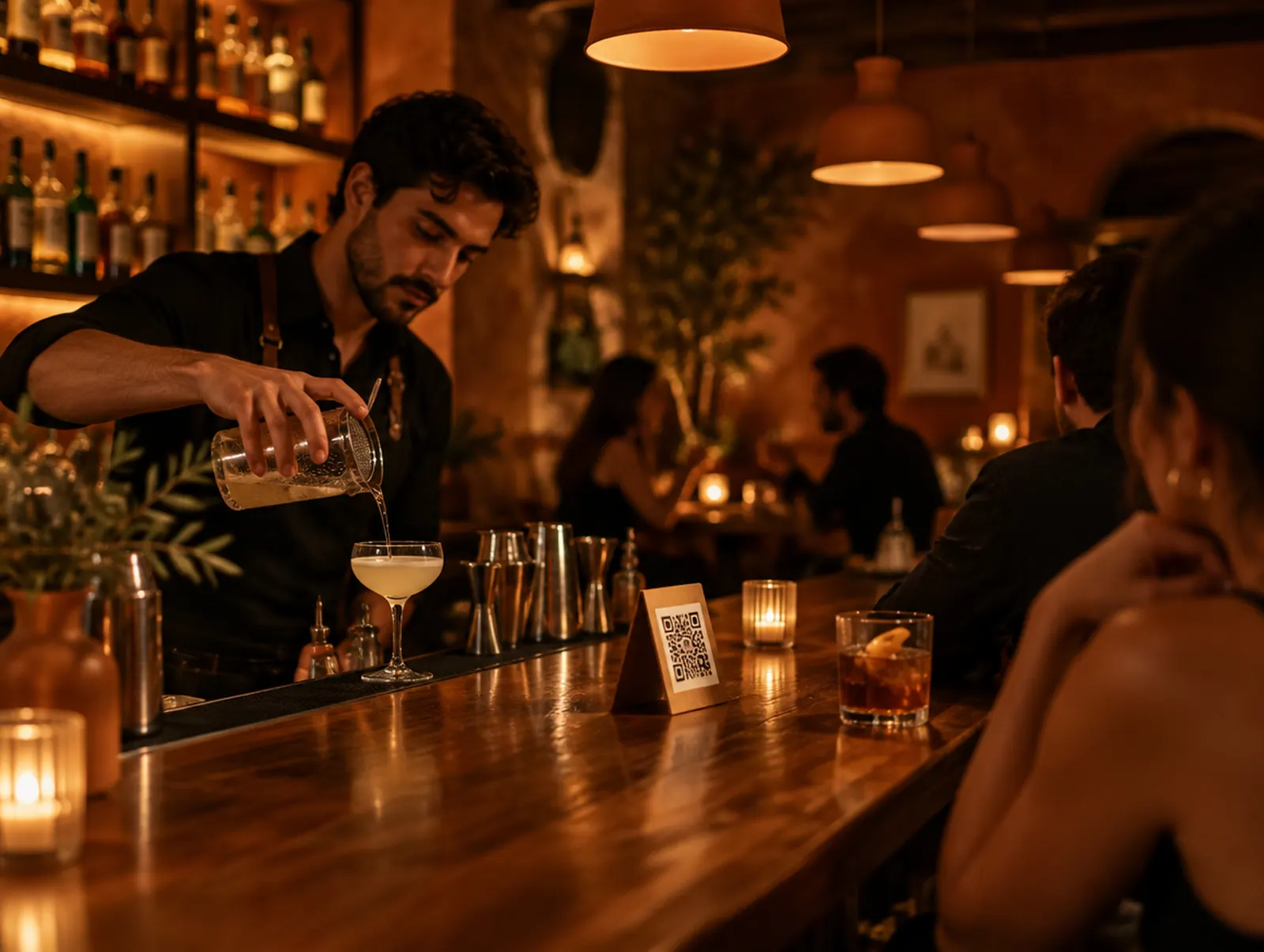 A bartender pours a cocktail at a candlelit bar with a QR code on the counter