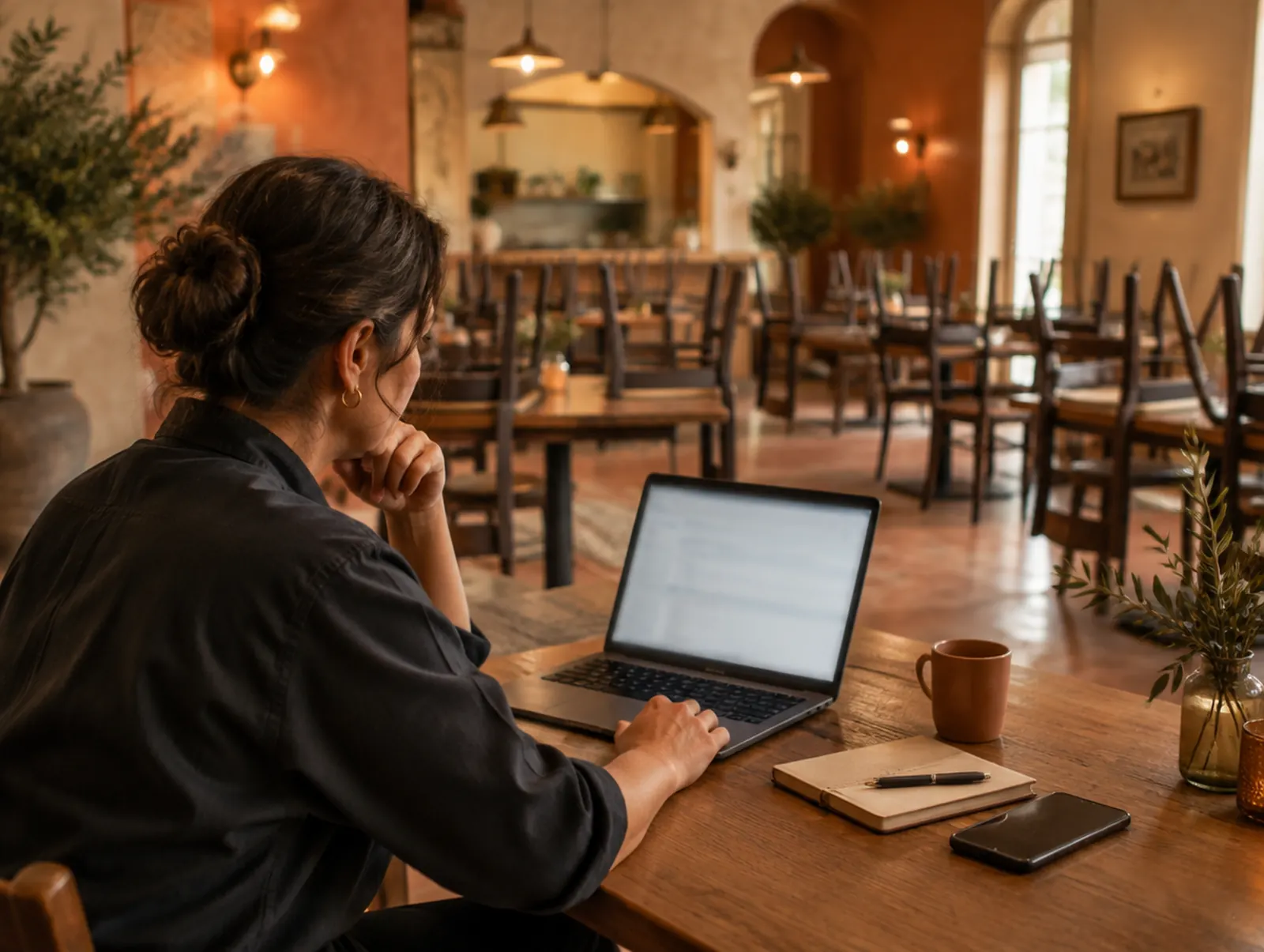 An owner reviews the day on a laptop in her empty dining room