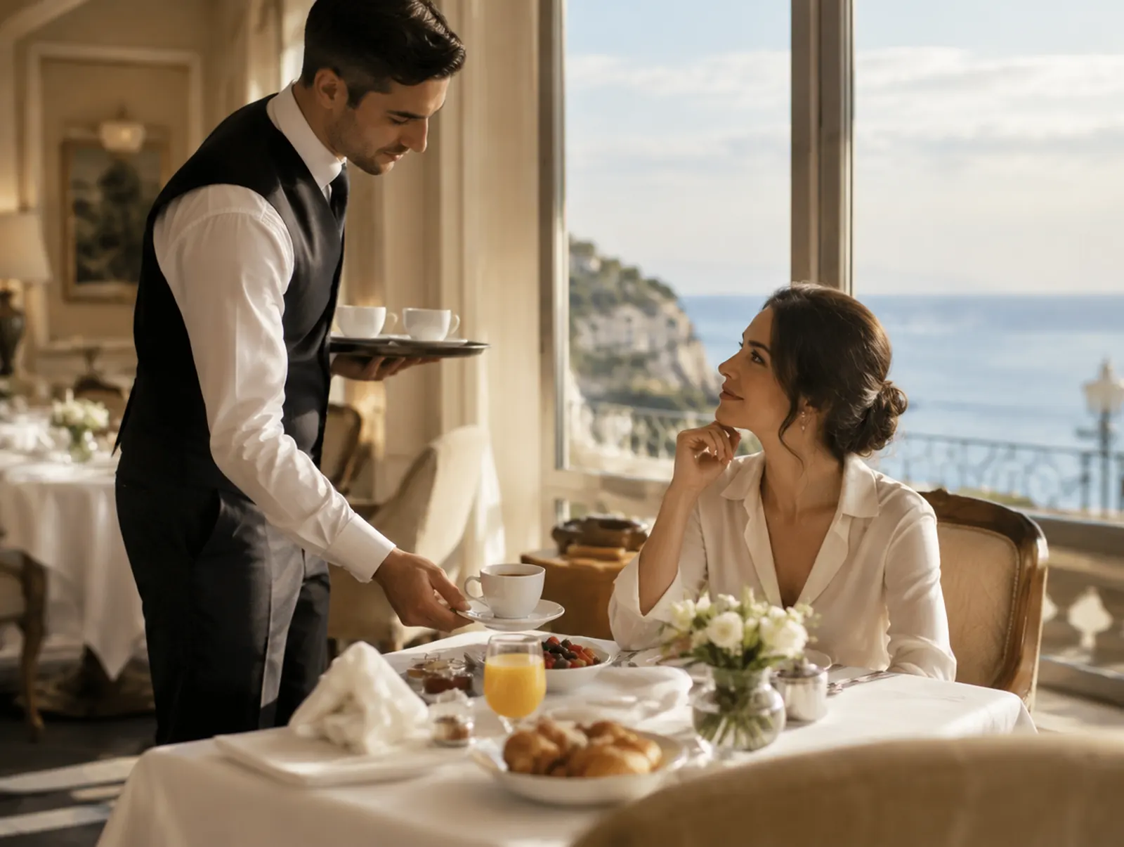 A waiter serves coffee to a guest at breakfast by a window over the sea