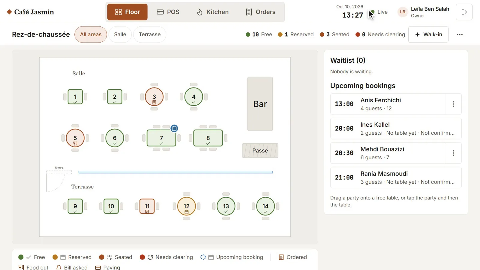 The live floor of Café Jasmin: tables in their states, the waiting list and the bookings to come